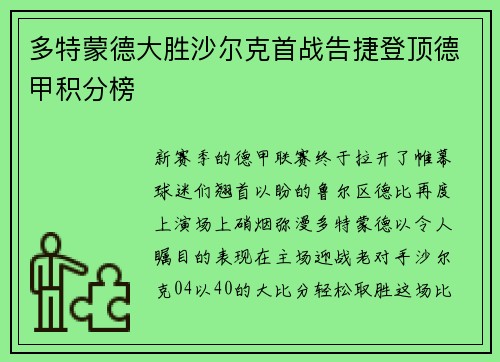 多特蒙德大胜沙尔克首战告捷登顶德甲积分榜