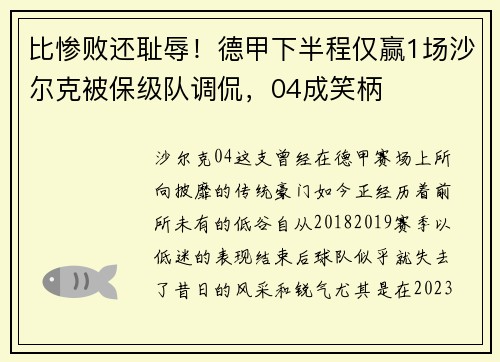 比惨败还耻辱！德甲下半程仅赢1场沙尔克被保级队调侃，04成笑柄