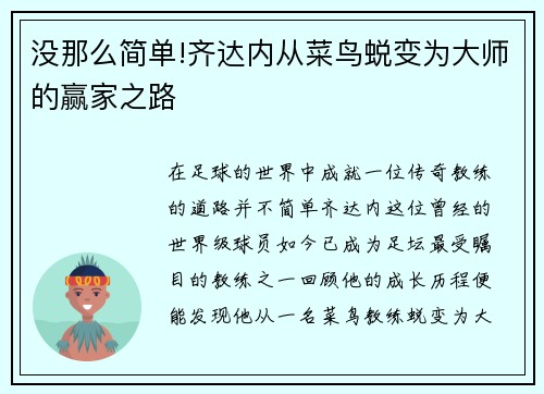 没那么简单!齐达内从菜鸟蜕变为大师的赢家之路