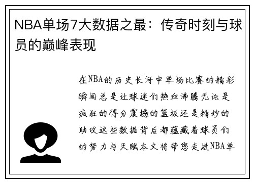 NBA单场7大数据之最：传奇时刻与球员的巅峰表现